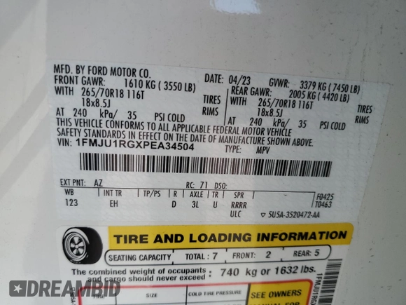 2023 Ford Expedition Timberline с VIN 1FMJU1RGXPEA34504, выставлен на аукционе Copart как лот 50293165 с пробегом 18 986 миль миль и Списание • Salvage title. История ставок и продаж доступна на DreamBid. Изображение 14.