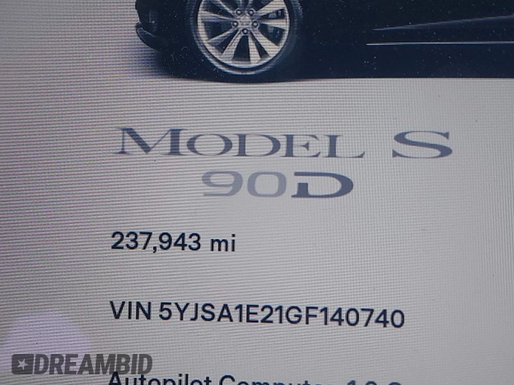 2016 Tesla Model S 90D with VIN 5YJSA1E21GF140740, listed as a IAAI auction lot 42062461 with 237,943 mi miles and . Bid and sale history available at DreamBid. Image 14.