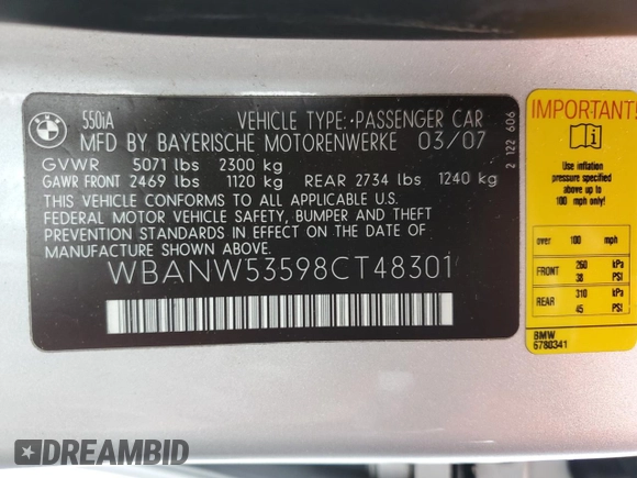 2008 BMW 5 Series 550i with VIN WBANW53598CT48301, listed as a Copart auction lot 48966175 with 221,277 mi miles and Clean Title. Bid and sale history available at carsss.com. Image 12.