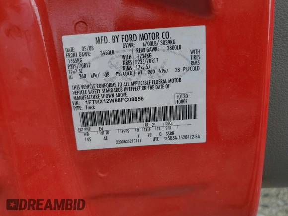 2008 Ford F-150 STX with VIN 1FTRX12W88FC08856, listed as a Copart auction lot 51310315 with 180,858 mi miles and Salvage Title. Bid and sale history available at carsss.com. Image 12.