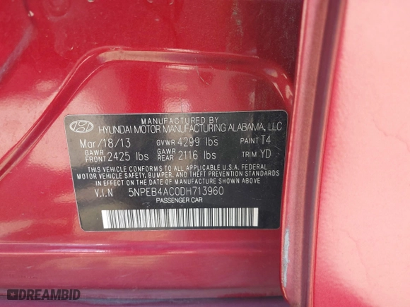 2013 Hyundai Sonata GLS with VIN 5NPEB4AC0DH713960, listed as a IAAI auction lot 41876873 with 140,823 mi miles. Bid and sale history available at carsss.com. Image 9.