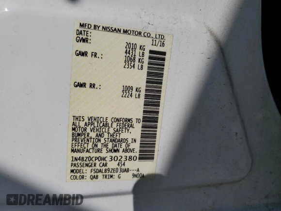 2017 Nissan LEAF S with VIN 1N4BZ0CP0HC302380, listed as a Copart auction lot 52856955 with 53,141 mi miles and Salvage title. Bid and sale history available at DreamBid. Image 15.