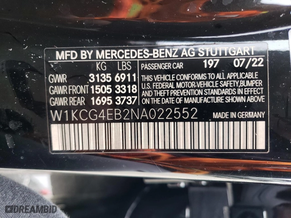 2022 Mercedes-Benz EQS with VIN W1KCG4EB2NA022552, listed as a Copart auction lot 55397674 with 0 mi miles and Salvage Title. Bid and sale history available at carsss.com. Image 12.