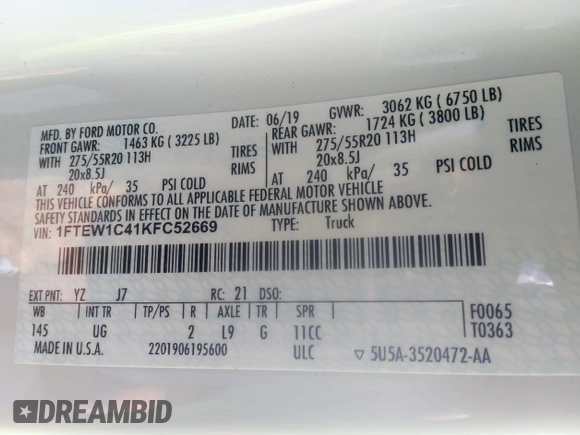 2019 Ford F-150 XL with VIN 1FTEW1C41KFC52669, listed as a IAAI auction lot 38161492 with 51,913 mi miles and . Bid and sale history available at DreamBid. Image 9.