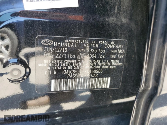 2019 Hyundai Ioniq Blue with VIN KMHC65LC2KU168986, listed as a Copart auction lot 54902405 with 314,575 mi miles and Clean Title. Bid and sale history available at DreamBid. Image 12.
