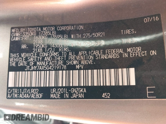 2016 Lexus LX 570 with VIN JTJHY7AX5G4219178, listed as a IAAI auction lot 41780927 with 147,642 mi miles and . Bid and sale history available at DreamBid. Image 9.