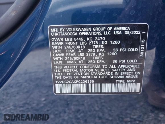 2023 Volkswagen Atlas SE with VIN 1V2DC2CAXPC206359, listed as a Copart auction lot 81641894 with 28,921 mi miles and Salvage title. Bid and sale history available at DreamBid. Image 14.