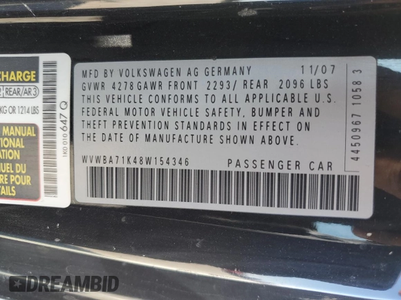 2008 Volkswagen Rabbit S z VIN WVWBA71K48W154346, wystawiony jako Copart lot #61905924 z przebiegiem 180 561 mil mil oraz Szkoda całkowita • Salvage title. Historia ofert i sprzedaży dostępna na DreamBid. Obrazek 13.