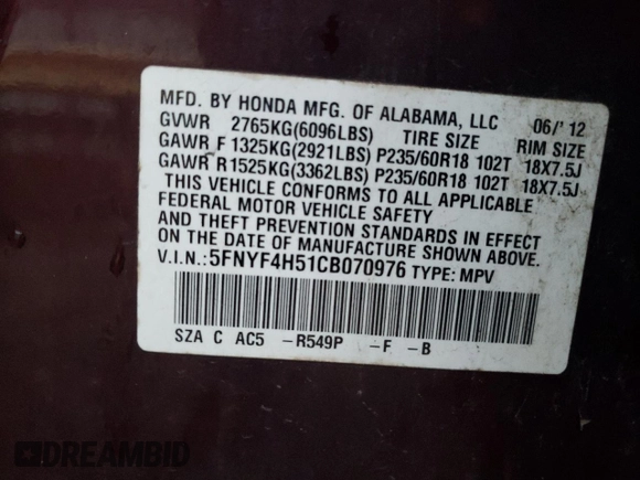 2012 Honda Pilot EX-L z VIN 5FNYF4H51CB070976, wystawiony jako Copart lot #73470204 z przebiegiem 223 572 mil mil oraz Szkoda całkowita • Salvage title. Historia ofert i sprzedaży dostępna na DreamBid. Obrazek 15.