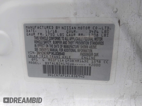 2019 Nissan Versa SV z VIN 3N1CN7AP1KL838940, wystawiony jako IAAI lot #42191914 z przebiegiem 72 374 mil mil oraz . Historia ofert i sprzedaży dostępna na DreamBid. Obrazek 9.
