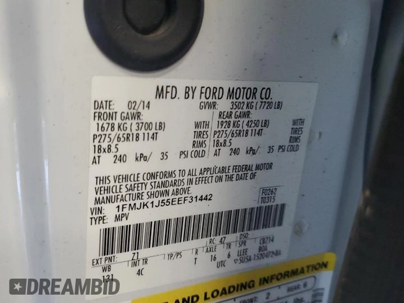 2014 Ford Expedition Max XLT with VIN 1FMJK1J55EEF31442, listed as a Copart auction lot 64110775 with 108,276 mi miles and Salvage title. Bid and sale history available at DreamBid. Image 13.