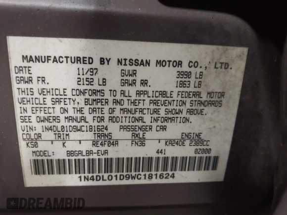 1998 Nissan Altima XE with VIN 1N4DL01D9WC181624, listed as a IAAI auction lot 42222694 with 155,391 mi miles and . Bid and sale history available at carsss.com. Image 9.