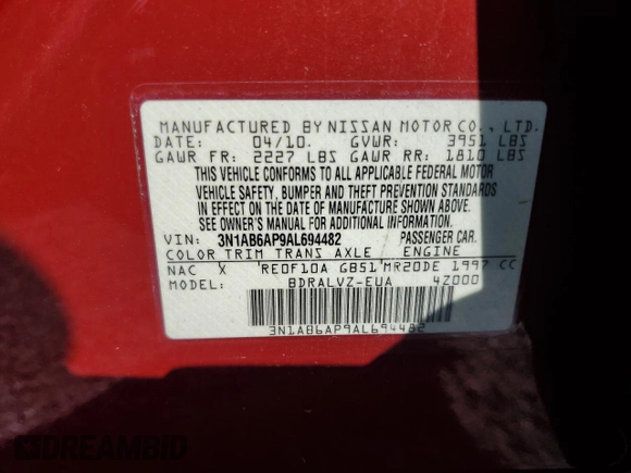 2010 Nissan Sentra S with VIN 3N1AB6AP9AL694482, listed as a Copart auction lot 57662915 with 79,197 mi miles and Salvage title. Bid and sale history available at DreamBid. Image 12.