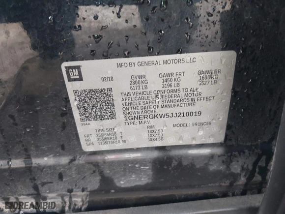 2018 Chevrolet Traverse LT Cloth with VIN 1GNERGKW5JJ210019, listed as a IAAI auction lot 41808205 with 1 mi miles. Bid and sale history available at carsss.com. Image 9.
