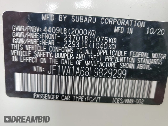 2020 Subaru WRX with VIN JF1VA1A68L9829299, listed as a Copart auction lot 85556024 with 67,552 mi miles and Salvage Title. Bid and sale history available at carsss.com. Image 12.