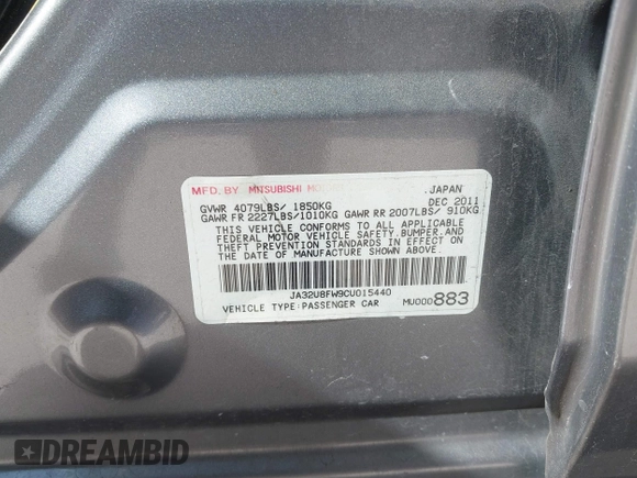 2012 Mitsubishi Lancer GT with VIN JA32U8FW9CU015440, listed as a IAAI auction lot 41321598 with 183,132 mi miles and . Bid and sale history available at DreamBid. Image 9.