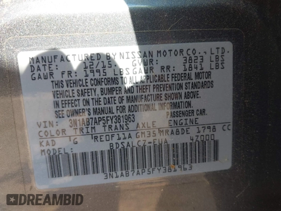 2015 Nissan Sentra SR with VIN 3N1AB7AP5FY381963, listed as a IAAI auction lot 42070732 with 106,383 mi miles and . Bid and sale history available at DreamBid. Image 9.