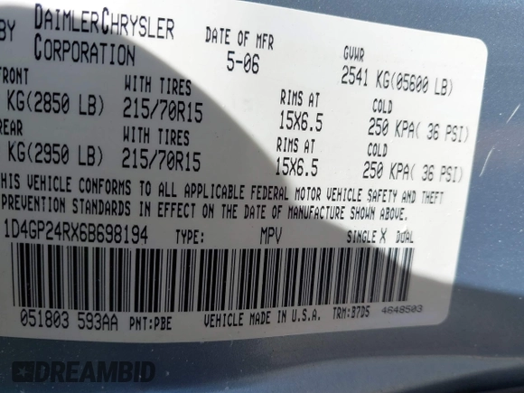 2006 Dodge Grand Caravan SE with VIN 1D4GP24RX6B698194, listed as a IAAI auction lot 41832034 with Not Provided miles and . Bid and sale history available at DreamBid. Image 9.