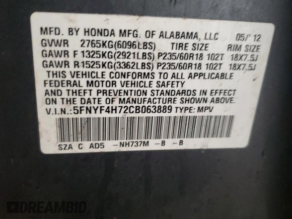 2012 Honda Pilot EX-L with VIN 5FNYF4H72CB063889, listed as a Copart auction lot 42989735 with 165,264 mi miles and Salvage title. Bid and sale history available at DreamBid. Image 13.