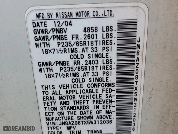 2005 Nissan Murano SL with VIN JN8AZ08TX5W312036, listed as a Copart auction lot 74571564 with 151,894 mi miles and Salvage Title. Bid and sale history available at carsss.com. Image 13.
