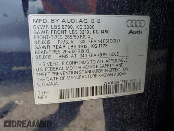 2013 Audi Q7 Premium Plus with VIN WA1LGAFE6DD010512, listed as a Copart auction lot 65572335 with 195,066 mi miles and Clean title. Bid and sale history available at DreamBid. Image 13.