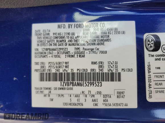 2014 Ford Mustang V6 with VIN 1ZVBP8AM6E5299523, listed as a Copart auction lot 55768065 with 128,500 mi miles and Salvage title. Bid and sale history available at DreamBid. Image 12.