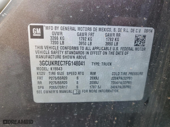 2015 Chevrolet Silverado 1500 LT with VIN 3GCUKREC7FG148041, listed as a Copart auction lot 42621265 with 148,248 mi miles and Salvage Title. Bid and sale history available at carsss.com. Image 12.