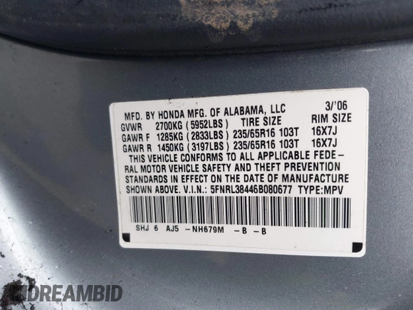 2006 Honda Odyssey EX with VIN 5FNRL38446B080677, listed as a IAAI auction lot 42458026 with 263,126 mi miles and . Bid and sale history available at DreamBid. Image 9.