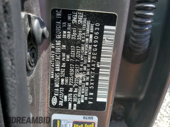 2014 Kia Sorento LX with VIN 5XYKT4A78EG490630, listed as a Copart auction lot 52450005 with 154,116 mi miles and Salvage Title. Bid and sale history available at carsss.com. Image 13.