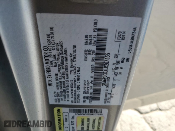 2020 Ford Fusion SEL with VIN 3FA6P0CDXLR207655, listed as a Copart auction lot 87379564 with 134,318 mi miles and Salvage title. Bid and sale history available at DreamBid. Image 12.