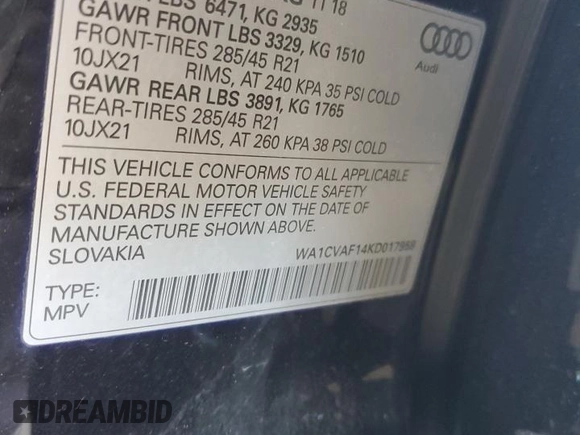 2019 Audi Q8 Prestige with VIN WA1CVAF14KD017958, listed as a Copart auction lot 57843655 with Not provided miles and Salvage title. Bid and sale history available at DreamBid. Image 12.
