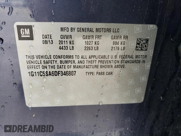 2013 Chevrolet Malibu LT with VIN 1G11C5SA6DF346807, listed as a Copart auction lot 43738015 with 169,578 mi miles and Clean Title. Bid and sale history available at DreamBid. Image 12.