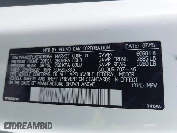 2016 Volvo XC90 T6 Inscription with VIN YV4A22PLXG1018954, listed as a IAAI auction lot 42301333 with Not provided miles and . Bid and sale history available at DreamBid. Image 9.