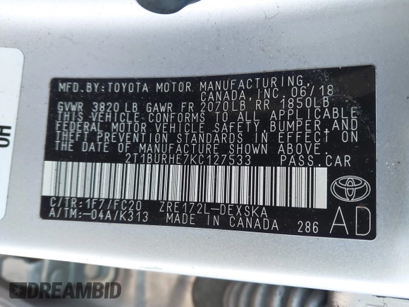 2019 Toyota Corolla L with VIN 2T1BURHE7KC127533, listed as a IAAI auction lot 41586738 with 41,188 mi miles and . Bid and sale history available at DreamBid. Image 9.