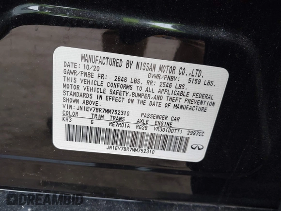 2021 Infiniti Q50 Luxe with VIN JN1EV7BR7MM752310, listed as a IAAI auction lot 41883293 with 20,268 mi miles and . Bid and sale history available at carsss.com. Image 9.