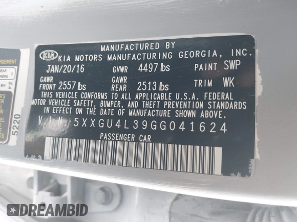 2016 Kia Optima EX with VIN 5XXGU4L39GG041624, listed as a IAAI auction lot 41653133 with 130,312 mi miles. Bid and sale history available at carsss.com. Image 9.