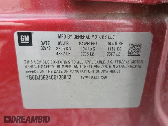 2012 Cadillac CTS Performance with VIN 1G6DJ5E34C0138842, listed as a Copart auction lot 77975404 with 120,883 mi miles and Salvage Title. Bid and sale history available at DreamBid. Image 12.