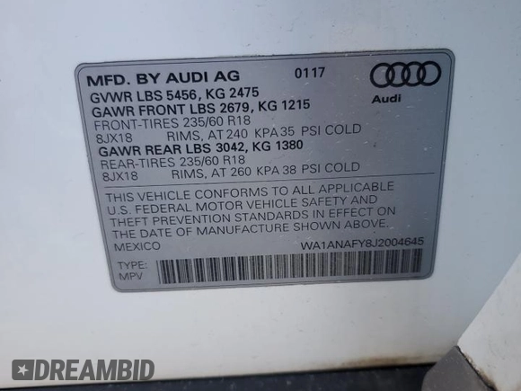 2018 Audi Q5 Premium with VIN WA1ANAFY8J2004645, listed as a Copart auction lot 52393465 with 128,601 mi miles and Clean Title. Bid and sale history available at carsss.com. Image 13.
