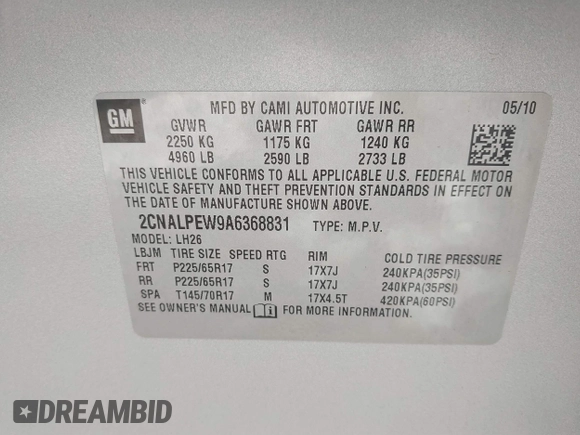 2010 Chevrolet Equinox 2LT with VIN 2CNALPEW9A6368831, listed as a IAAI auction lot 41865484 with 183,346 mi miles and . Bid and sale history available at DreamBid. Image 9.
