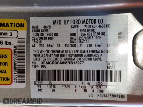 2021 Ford Bronco Sport Outer Banks with VIN 3FMCR9C68MRB13977, listed as a Copart auction lot 42920525 with 63,083 mi miles and Salvage title. Bid and sale history available at DreamBid. Image 15.