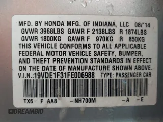 2015 Acura ILX with VIN 19VDE1F31FE006988, listed as a IAAI auction lot 41621229 with 50,222 mi miles. Bid and sale history available at carsss.com. Image 9.
