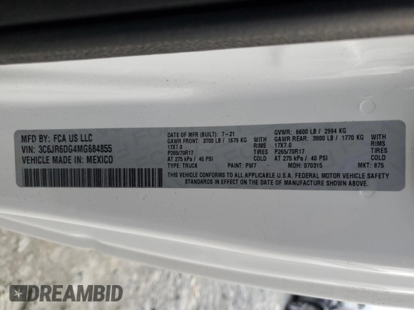 2021 Ram 1500 Tradesman with VIN 3C6JR6DG4MG684855, listed as a Copart auction lot 79755054 with 140,507 mi miles and Salvage title. Bid and sale history available at DreamBid. Image 12.