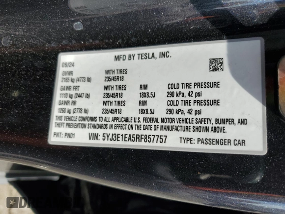 2024 Tesla Model 3 z VIN 5YJ3E1EA5RF857757, wystawiony jako Copart lot #45758385 z przebiegiem 5364 mil mil oraz Szkody całkowita. Historia ofert i sprzedaży dostępna na DreamBid. Obrazek 15.