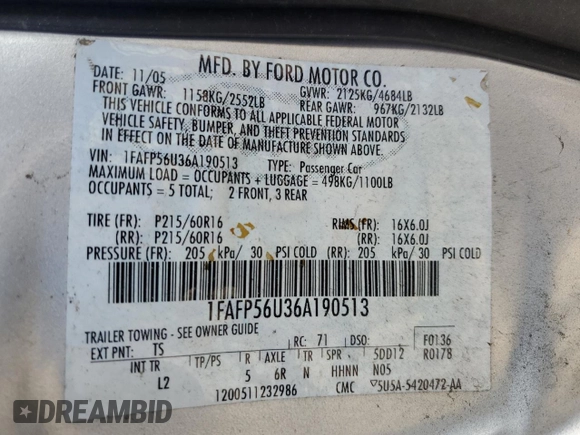 2006 Ford Taurus SEL with VIN 1FAFP56U36A190513, listed as a Copart auction lot 66403985 with 118,630 mi miles and Salvage title. Bid and sale history available at DreamBid. Image 12.
