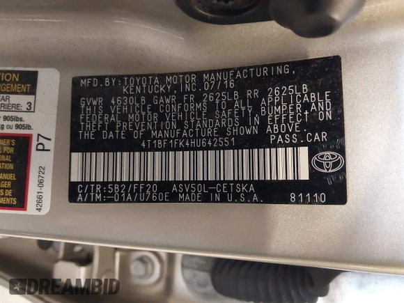 2017 Toyota Camry XLE with VIN 4T1BF1FK4HU642551, listed as a IAAI auction lot 41576663 with 84,327 mi miles and . Bid and sale history available at DreamBid. Image 9.