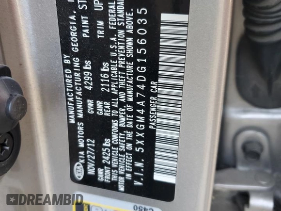 2013 Kia Optima LX z VIN 5XXGM4A74DG156035, wystawiony jako Copart lot #59358245 z przebiegiem 136 540 mil mil oraz Szkoda całkowita • Salvage title. Historia ofert i sprzedaży dostępna na DreamBid. Obrazek 12.