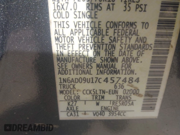 2007 Nissan Frontier SE with VIN 1N6AD09U17C457484, listed as a IAAI auction lot 41977035 with 182,201 mi miles and . Bid and sale history available at DreamBid. Image 9.