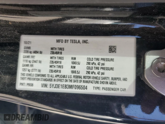 2021 Tesla Model 3 Long Range z VIN 5YJ3E1EB3MF096504, wystawiony jako Copart lot #57919615 z przebiegiem 142 854 mil mil oraz Czysty tytuł • Clean title. Historia ofert i sprzedaży dostępna na DreamBid. Obrazek 13.