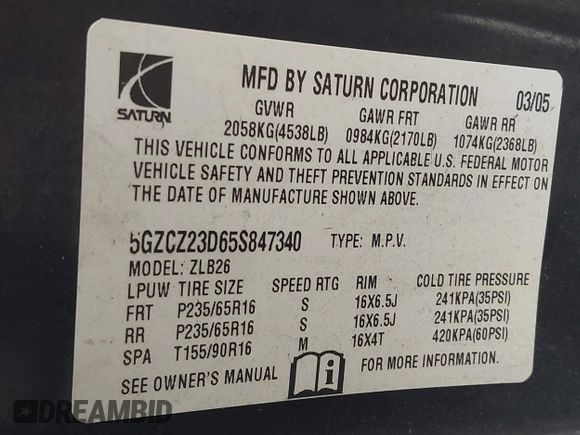 2005 Saturn VUE with VIN 5GZCZ23D65S847340, listed as a IAAI auction lot 41639482 with 131,760 mi miles and . Bid and sale history available at DreamBid. Image 9.