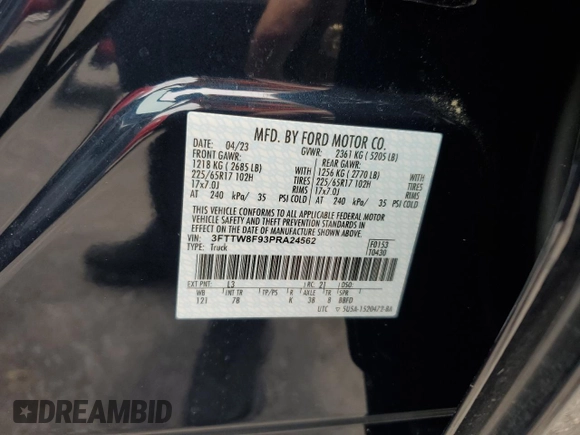 2023 Ford Maverick XL with VIN 3FTTW8F93PRA24562, listed as a Copart auction lot 62538725 with 7,973 mi miles and Salvage title. Bid and sale history available at DreamBid. Image 12.